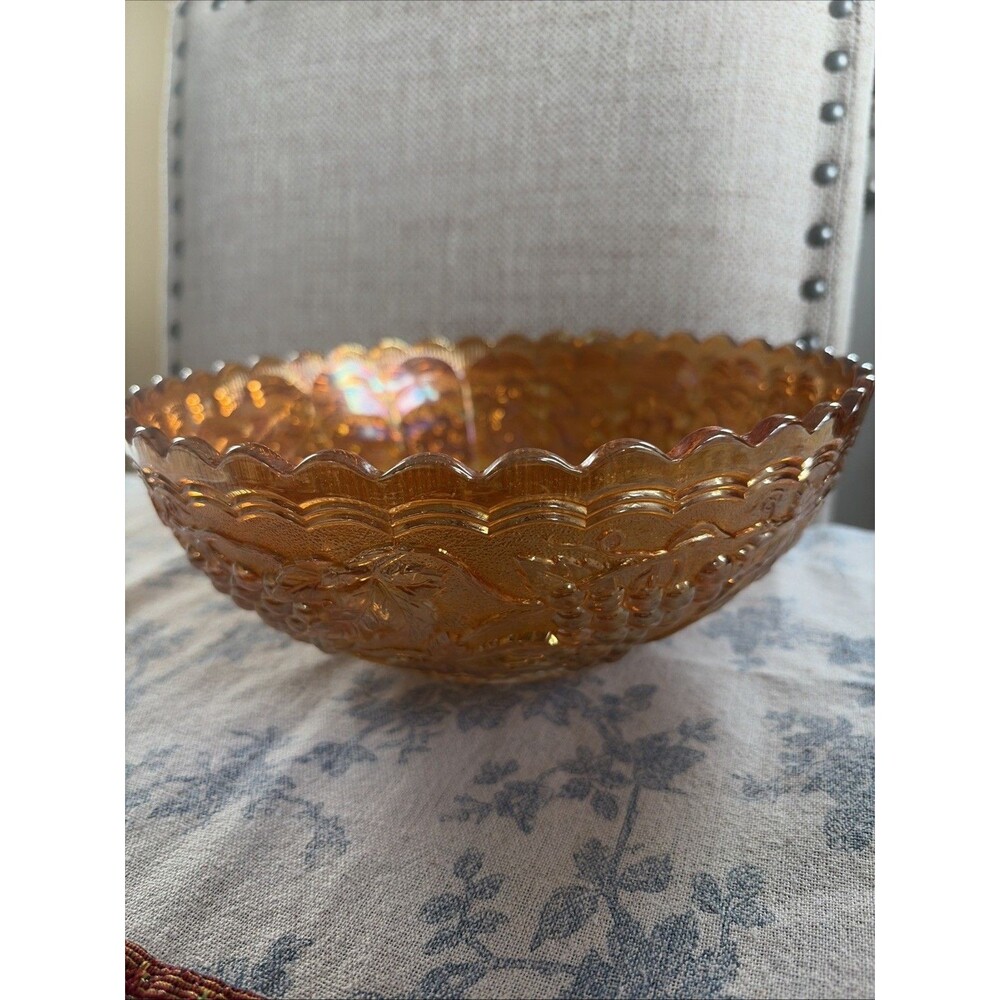 Vintage Imperial Marigold Carnival Glass Punch Bowl Grapes Pattern 9" width